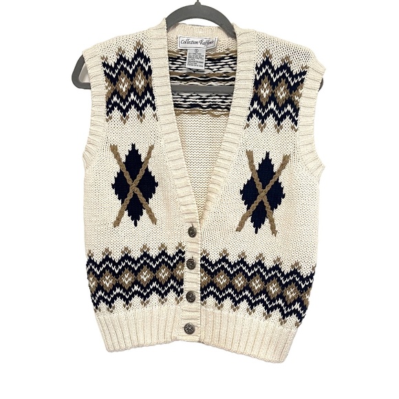Collection Raffinée Sweaters - Cream & Brown Vintage Patterned Sweater Vest